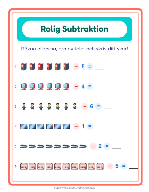 Förhandsvisning av Subtraktion-arbetsblad med Klassrum för Förskoleklass