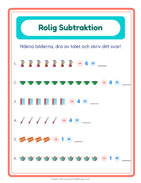 Förhandsvisning av Subtraktion-arbetsblad med Köksredskap för Förskoleklass