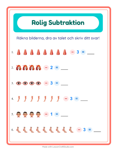 Förhandsvisning av Subtraktion-arbetsblad med Kroppsdelar för Förskoleklass