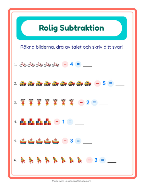 Subtraktion med bild och siffra och leksaker – arbetsblad för årskurs 1 — 2