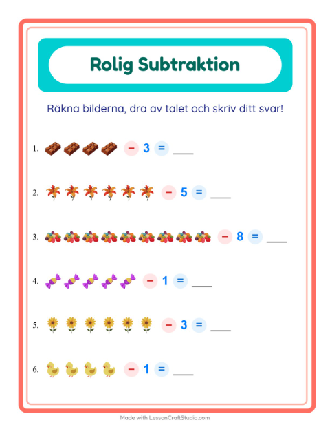 Förhandsvisning av Subtraktion-arbetsblad med Påsk för Förskoleklass