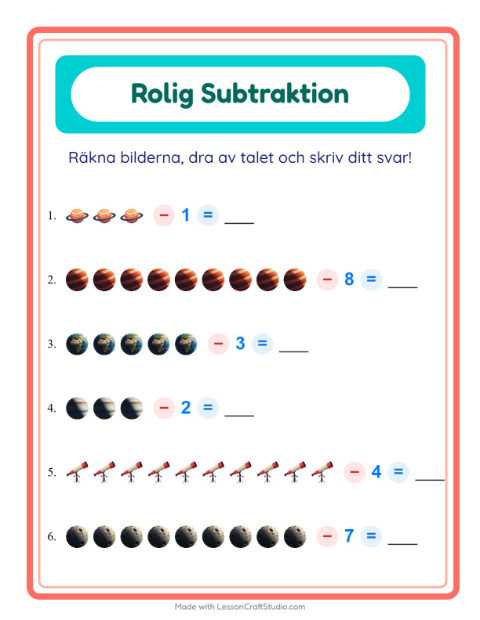 Förhandsvisning av Subtraktion-arbetsblad med Rymden för Förskoleklass