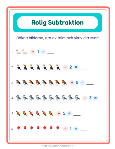 Förhandsvisning av Subtraktion-arbetsblad med Saker som flyger för Förskoleklass