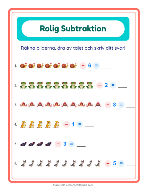 Förhandsvisning av Subtraktion-arbetsblad med Skogsdjur för Förskoleklass