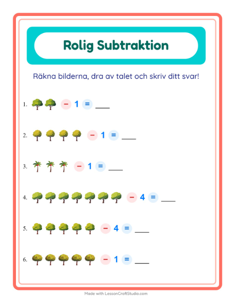 Förhandsvisning av Subtraktion-arbetsblad med Träd för Förskoleklass
