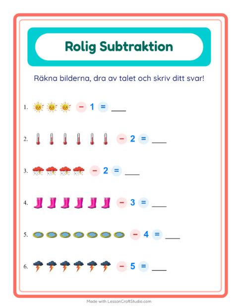 Förhandsvisning av Subtraktion-arbetsblad med Väder för Förskoleklass