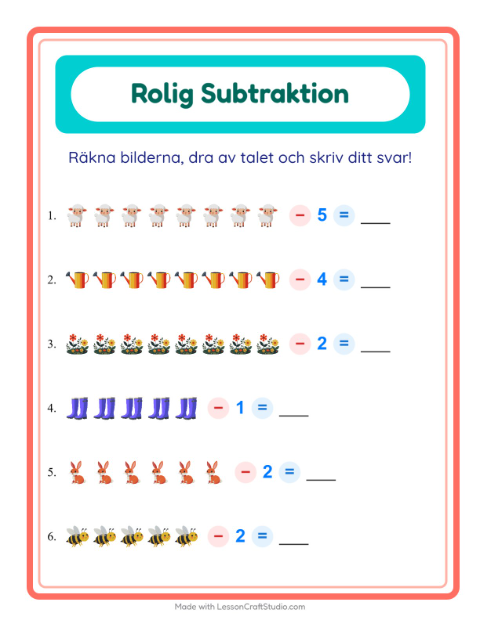 Förhandsvisning av Subtraktion-arbetsblad med Vår för Förskoleklass