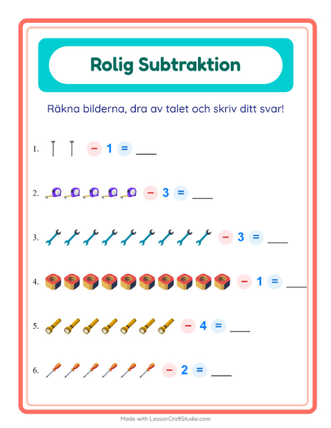 Förhandsvisning av Subtraktion-arbetsblad med Verktyg för Förskoleklass