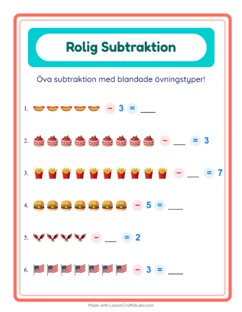 Förhandsvisning av Subtraktion-arbetsblad med 4 juli för Förskoleklass