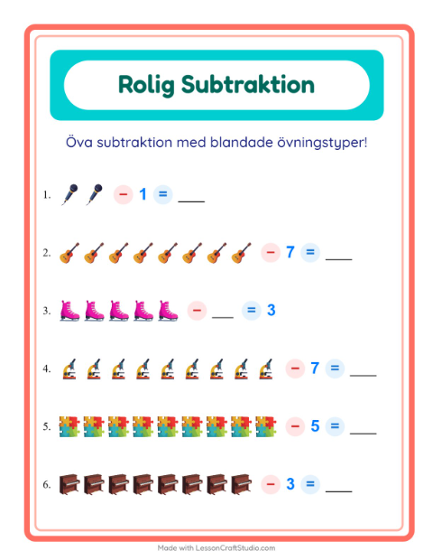 Förhandsvisning av Subtraktion-arbetsblad med Aktiviteter för Förskoleklass
