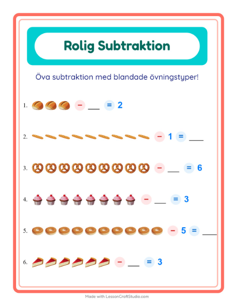 Förhandsvisning av Subtraktion-arbetsblad med Bageri för Förskoleklass