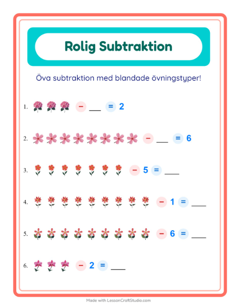 Förhandsvisning av Blandad subtraktion med blommor – arbetsblad för årskurs 1