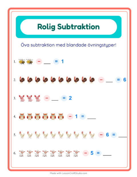Förhandsvisning av Subtraktion-arbetsblad med Bondgårdsdjur för Förskoleklass