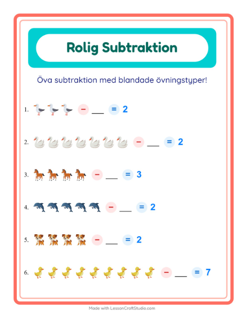 Förhandsvisning av Subtraktion-arbetsblad med Djur för Förskoleklass