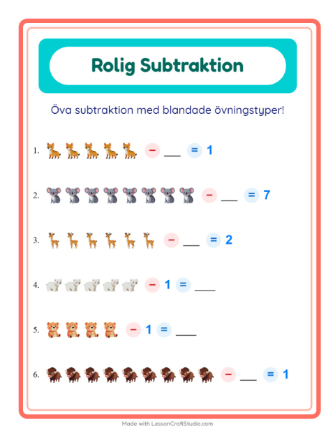 Blandad subtraktion – Djurparksdjur