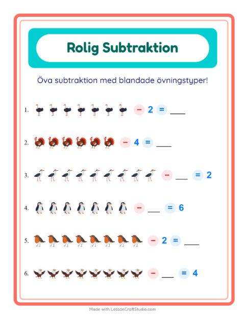 Blandad subtraktion – Fåglar 2