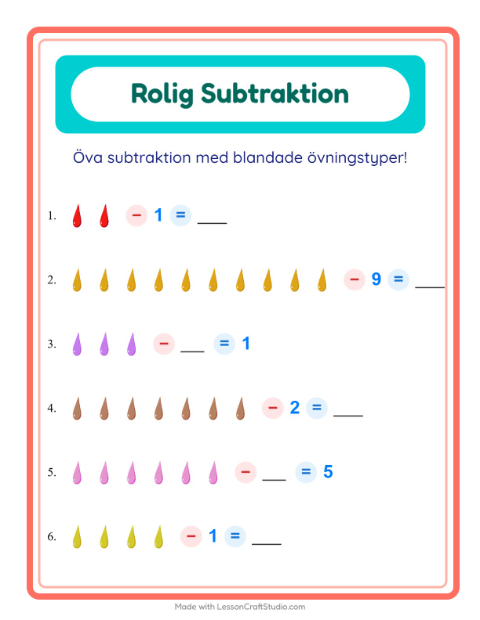 Förhandsvisning av Subtraktion-arbetsblad med Färger för Förskoleklass