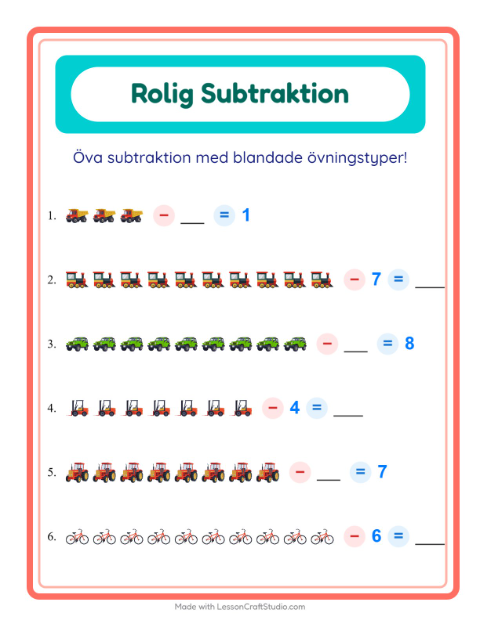 Förhandsvisning av Blandad subtraktion med fordon – arbetsblad för årskurs 1
