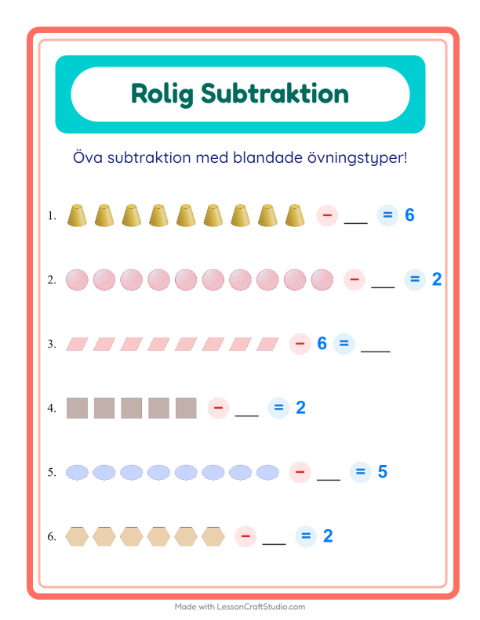 Förhandsvisning av Blandad subtraktion med former – arbetsblad för årskurs 1