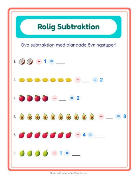 Förhandsvisning av Blandad subtraktion med frukter – arbetsblad för årskurs 1