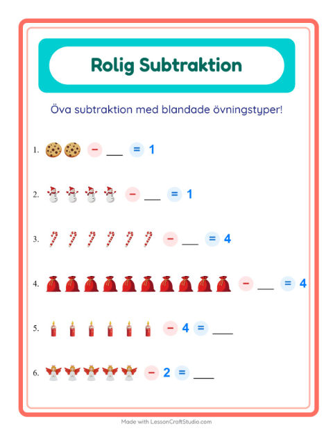 Förhandsvisning av Subtraktion-arbetsblad med Jul för Förskoleklass