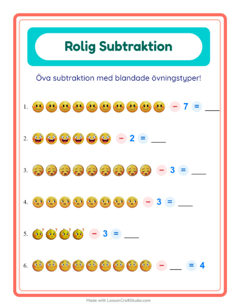Förhandsvisning av Subtraktion-arbetsblad med Känslor för Förskoleklass