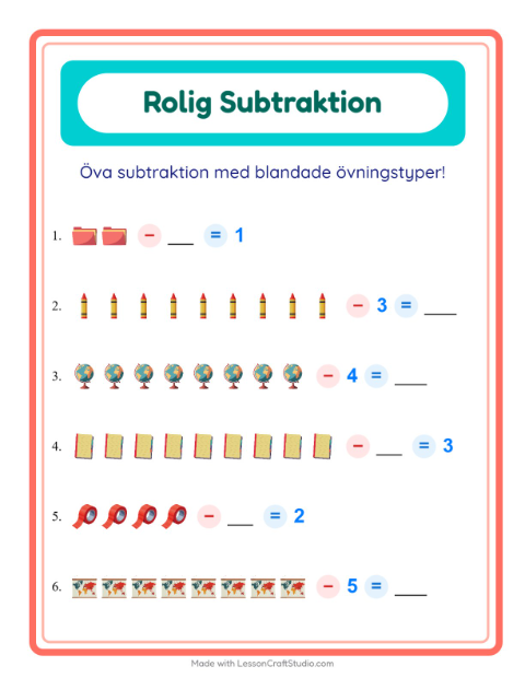 Förhandsvisning av Subtraktion-arbetsblad med Klassrum för Förskoleklass