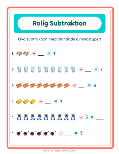 Förhandsvisning av Blandad subtraktion med redskap – arbetsblad för årskurs 1