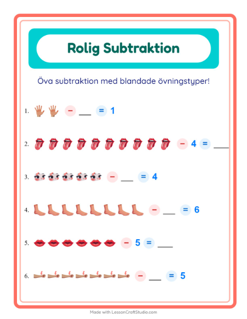Förhandsvisning av Subtraktion-arbetsblad med Kroppsdelar för Förskoleklass