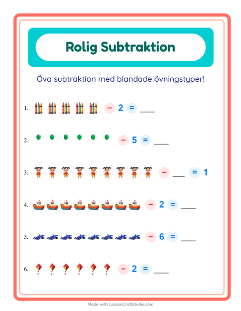 Förhandsvisning av Blandad subtraktion med leksaker – arbetsblad för årskurs 1
