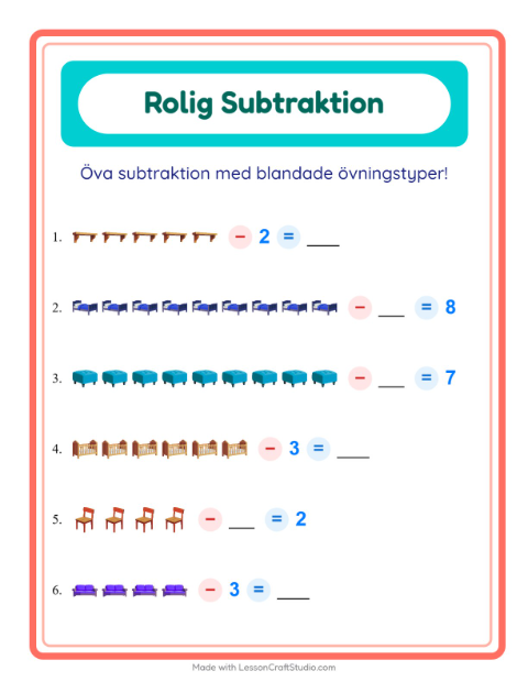 Förhandsvisning av Subtraktion-arbetsblad med Möbler för Förskoleklass