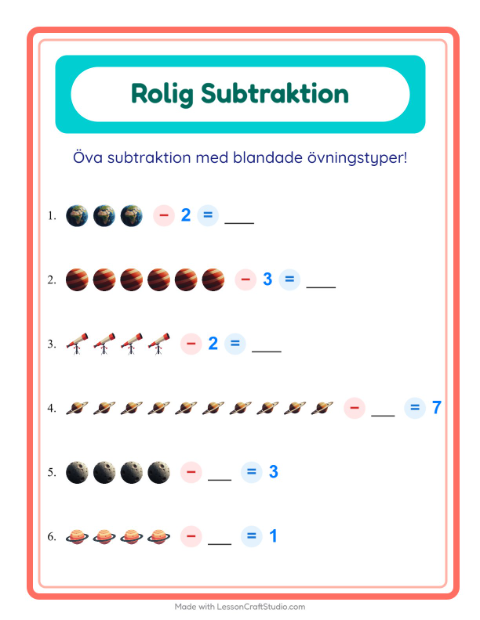 Förhandsvisning av Subtraktion-arbetsblad med Rymden för Förskoleklass