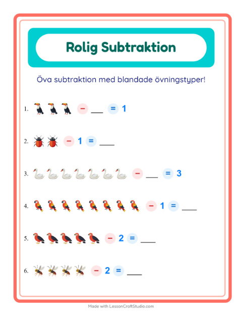 Förhandsvisning av Subtraktion-arbetsblad med Saker som flyger för Förskoleklass