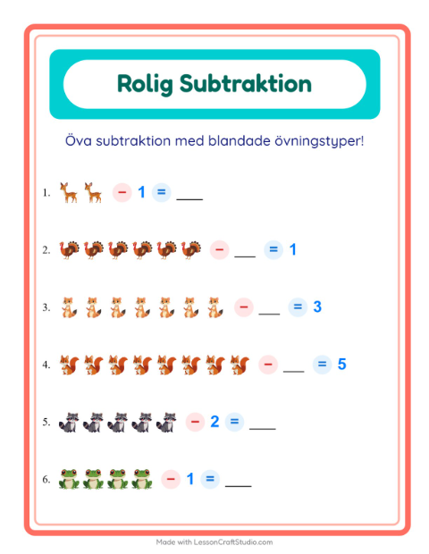 Förhandsvisning av Subtraktion-arbetsblad med Skogsdjur för Förskoleklass