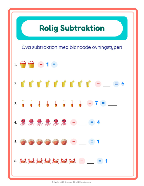 Förhandsvisning av Subtraktion-arbetsblad med Sommar för Förskoleklass