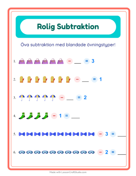 Förhandsvisning av Subtraktion-arbetsblad med Tillbehör för Förskoleklass