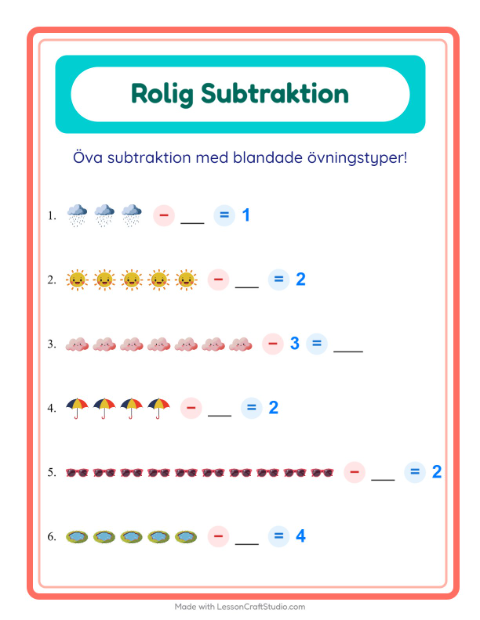 Förhandsvisning av Subtraktion-arbetsblad med Väder för Förskoleklass