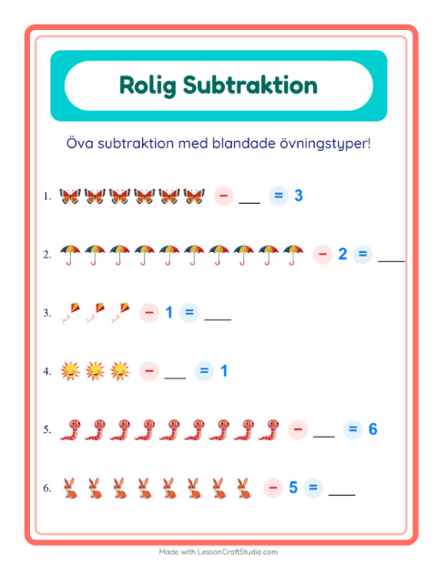 Förhandsvisning av Subtraktion-arbetsblad med Vår för Förskoleklass