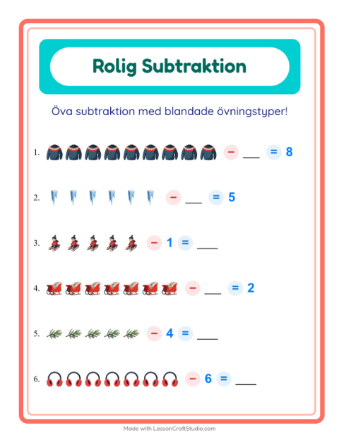 Förhandsvisning av Subtraktion-arbetsblad med Vinter för Förskoleklass