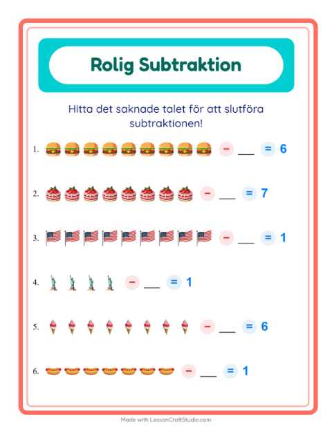Förhandsvisning av Subtraktion-arbetsblad med 4 juli för Förskoleklass