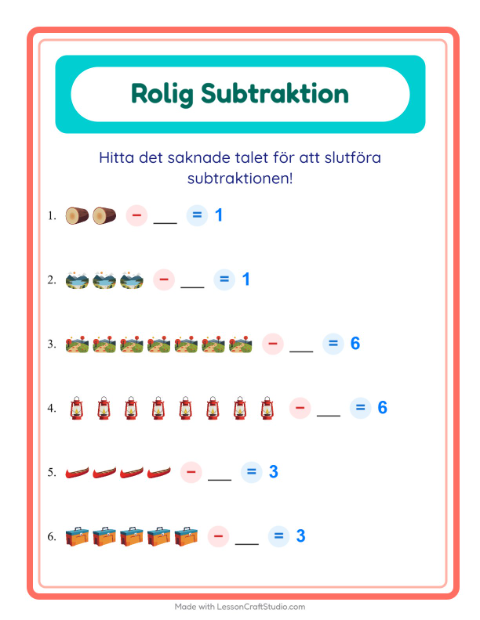 Förhandsvisning av Subtraktion-arbetsblad med Camping för Förskoleklass