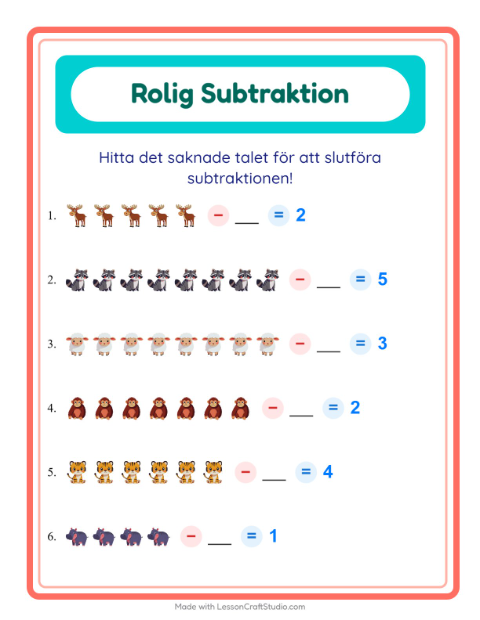 Förhandsvisning av Subtraktion: hitta talet som togs bort med djur – arbetsblad för årskurs 1