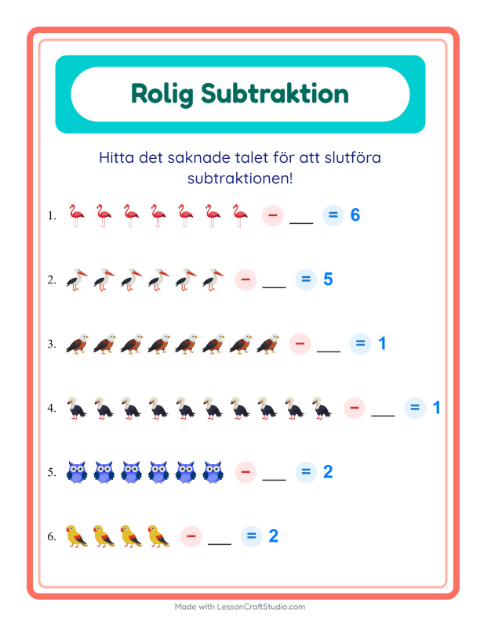 Förhandsvisning av Subtraktion-arbetsblad med Fåglar för Förskoleklass