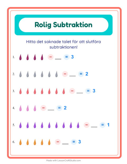 Förhandsvisning av Subtraktion-arbetsblad med Färger för Förskoleklass