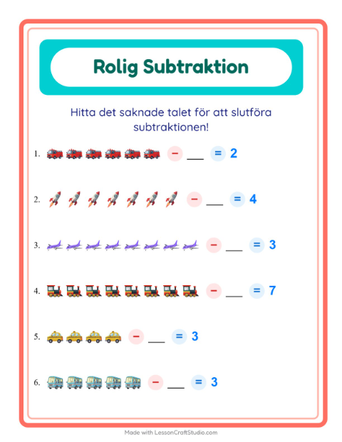 Förhandsvisning av Subtraktion-arbetsblad med Fordon för Förskoleklass