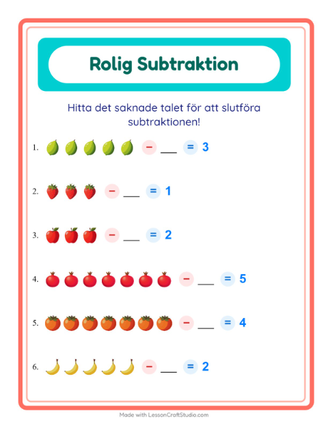 Förhandsvisning av Subtraktion-arbetsblad med Frukter för Förskoleklass
