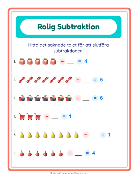 Förhandsvisning av Subtraktion-arbetsblad med I snabbköpet för Förskoleklass