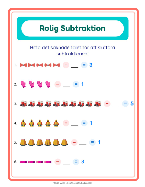 Förhandsvisning av Subtraktion-arbetsblad med Kläder för Förskoleklass