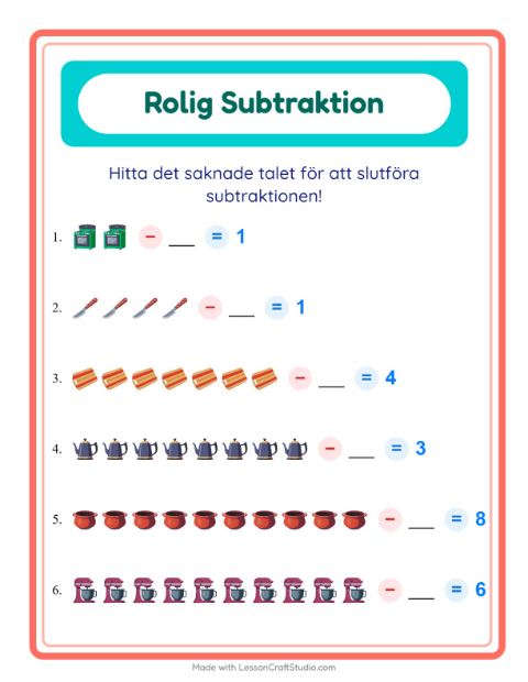 Förhandsvisning av Subtraktion: hitta talet som togs bort med redskap – arbetsblad för årskurs 1