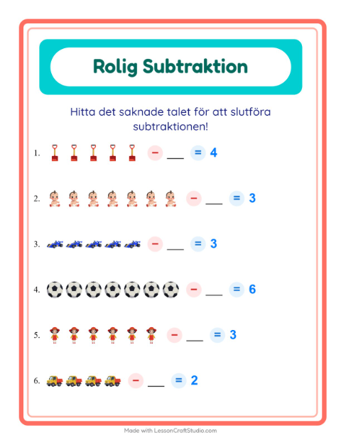 Förhandsvisning av Subtraktion: hitta talet som togs bort med leksaker – arbetsblad för årskurs 1